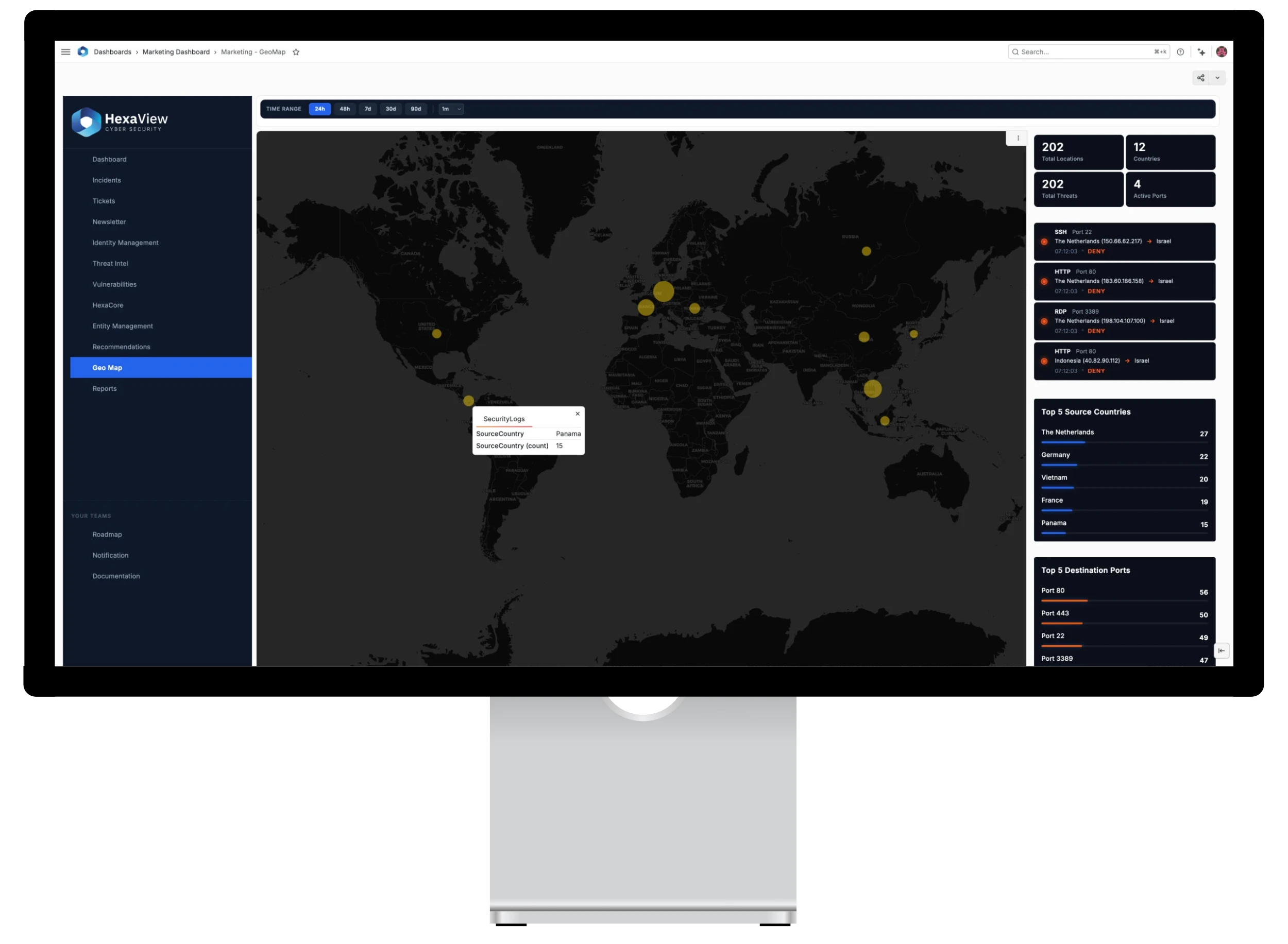 HexaShield Dashboard Threat Geo Map
